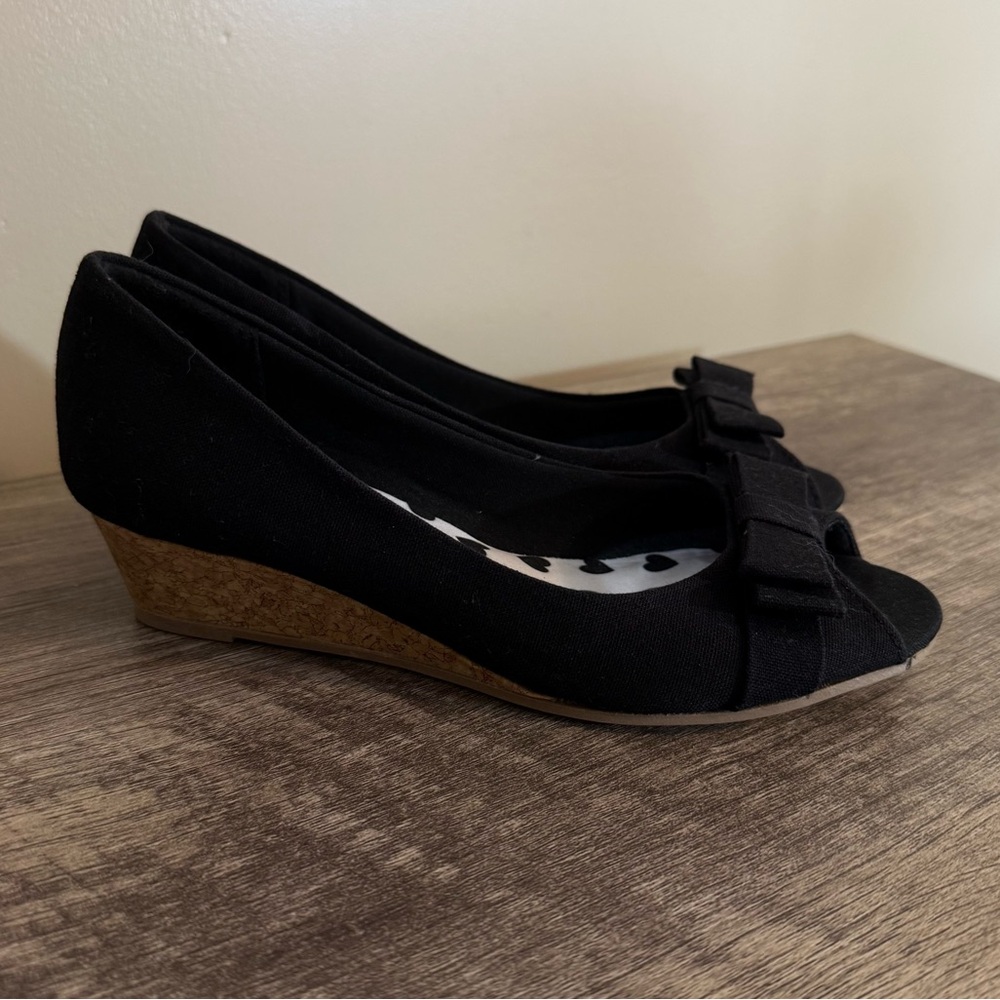 American Eagle Black Canvas Wedge Shoes Little Girls Size 3 Open Toe - Picture 2 of 9